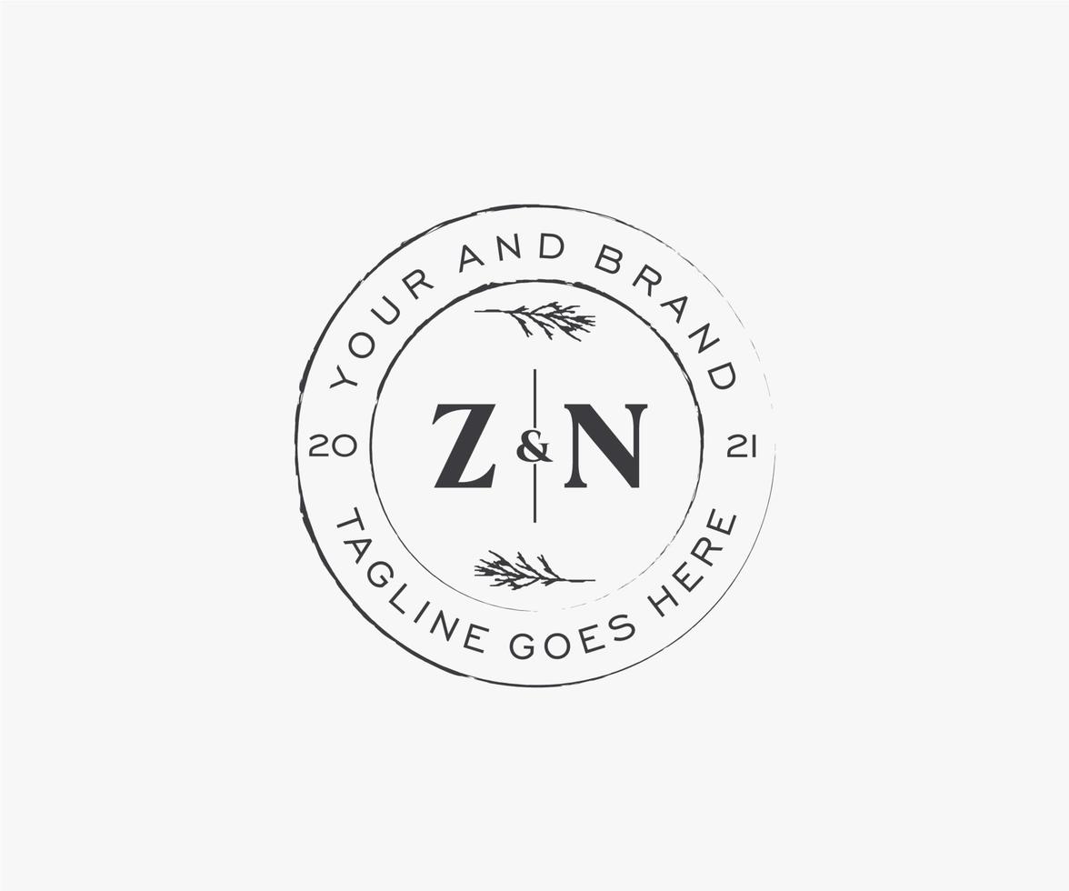 initial ZN letters floral frames. Botanical feminine editable premade monoline unique decoration for greeting card, wedding invitation. vector