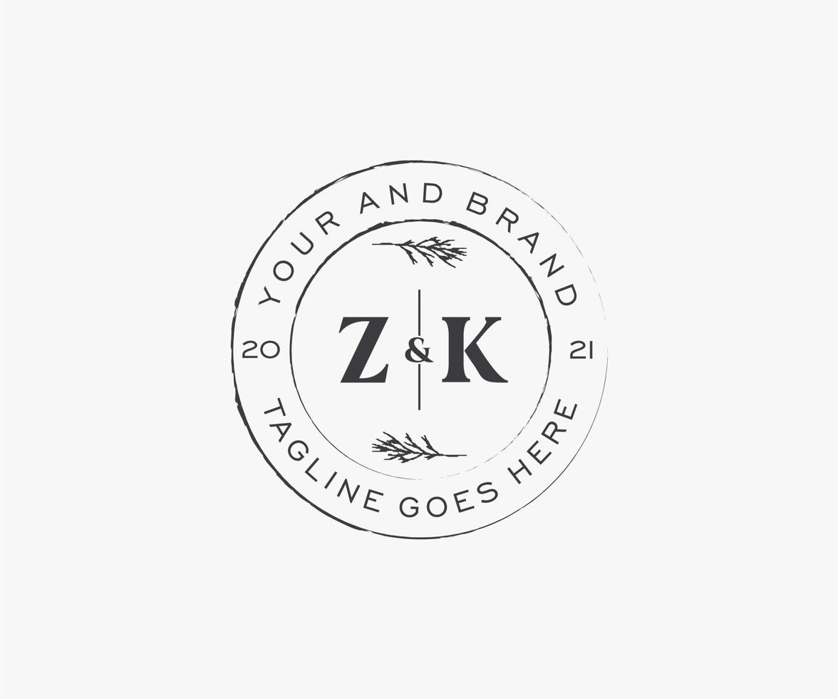 initial ZK letters floral frames. Botanical feminine editable premade monoline unique decoration for greeting card, wedding invitation. vector
