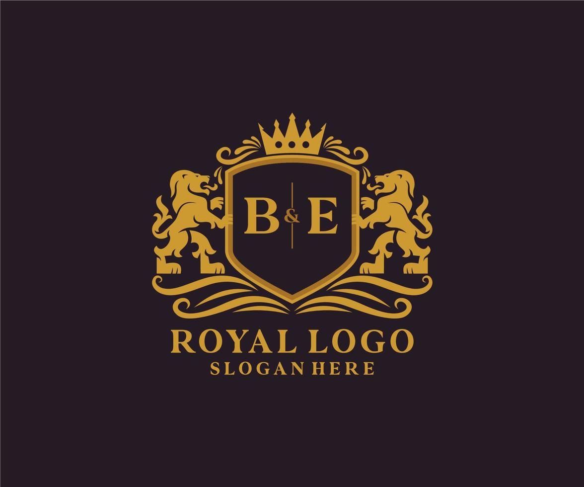 Initial BE Letter Lion Royal Luxury Logo template in vector art for Restaurant, Royalty, Boutique, Cafe, Hotel, Heraldic, Jewelry, Fashion and other vector illustration.
