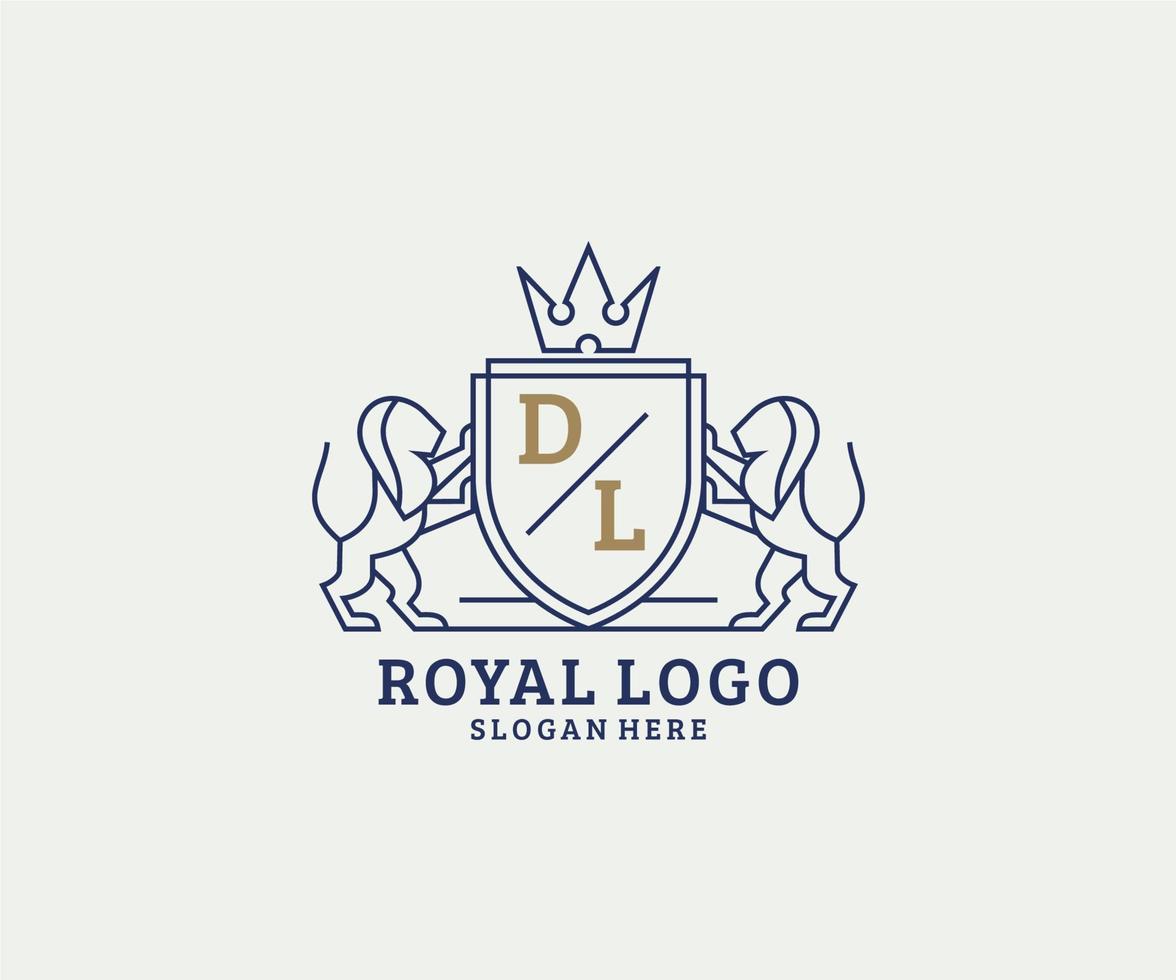 Initial DL Letter Lion Royal Luxury Logo template in vector art for Restaurant, Royalty, Boutique, Cafe, Hotel, Heraldic, Jewelry, Fashion and other vector illustration.