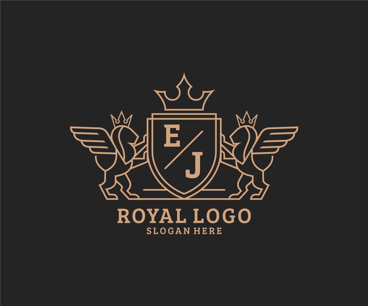 Initial EJ Letter Lion Royal Luxury Heraldic,Crest Logo template in vector art for Restaurant, Royalty, Boutique, Cafe, Hotel, Heraldic, Jewelry, Fashion and other vector illustration.