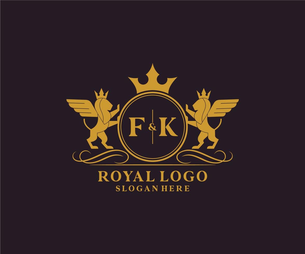 Initial FK Letter Lion Royal Luxury Heraldic,Crest Logo template in vector art for Restaurant, Royalty, Boutique, Cafe, Hotel, Heraldic, Jewelry, Fashion and other vector illustration.