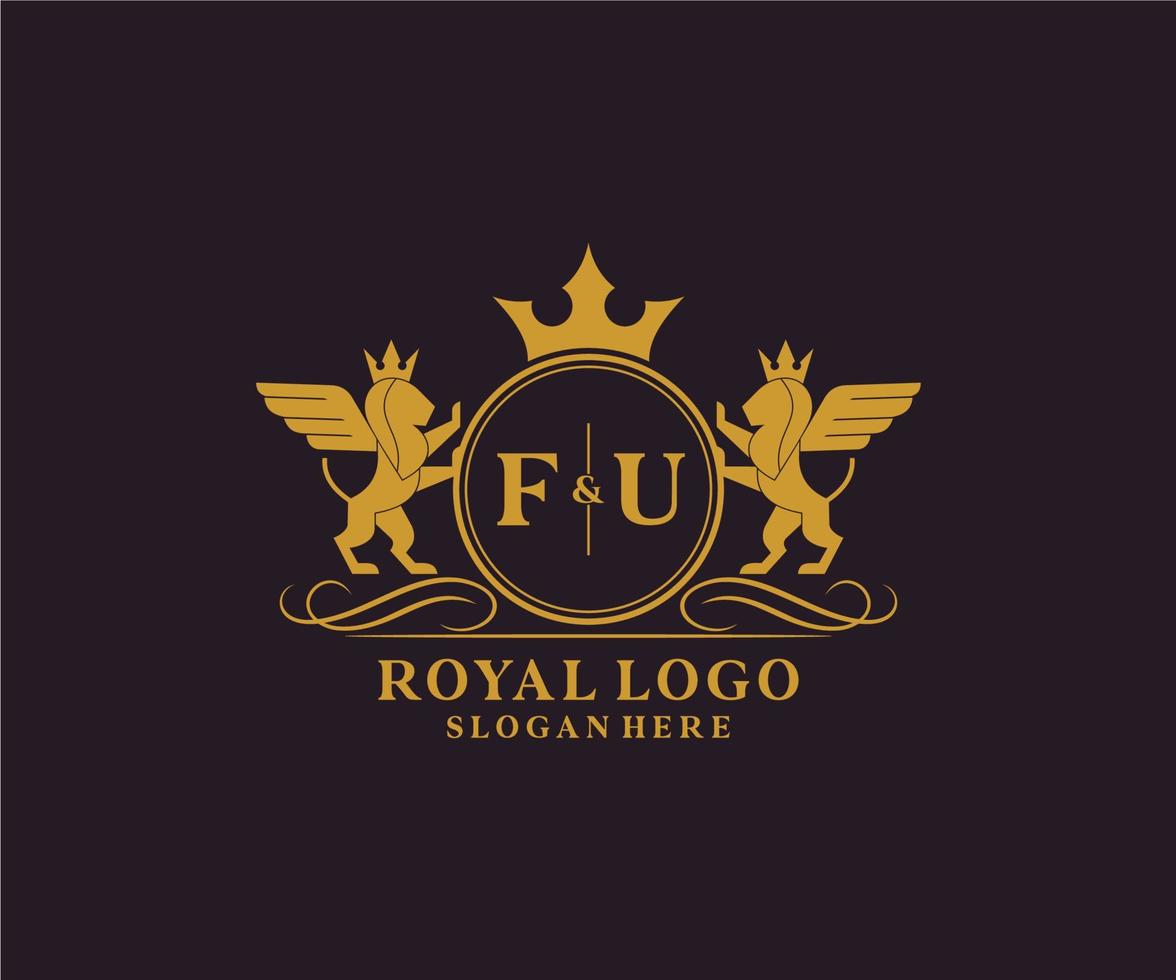 Initial FU Letter Lion Royal Luxury Heraldic,Crest Logo template in vector art for Restaurant, Royalty, Boutique, Cafe, Hotel, Heraldic, Jewelry, Fashion and other vector illustration.