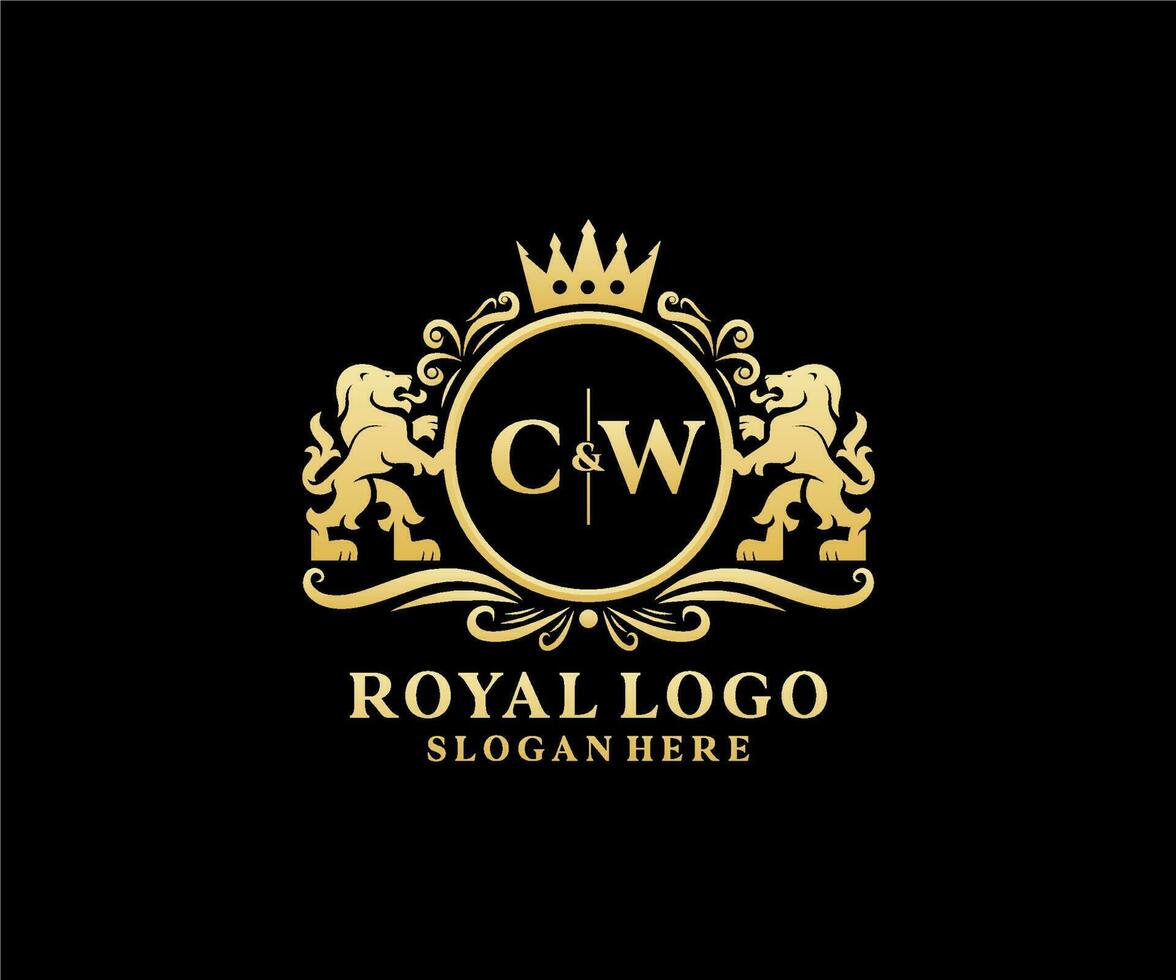 Initial CW Letter Lion Royal Luxury Logo template in vector art for Restaurant, Royalty, Boutique, Cafe, Hotel, Heraldic, Jewelry, Fashion and other vector illustration.