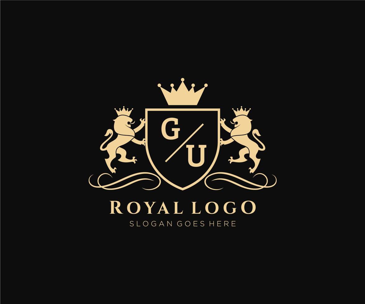 Initial GU Letter Lion Royal Luxury Heraldic,Crest Logo template in vector art for Restaurant, Royalty, Boutique, Cafe, Hotel, Heraldic, Jewelry, Fashion and other vector illustration.