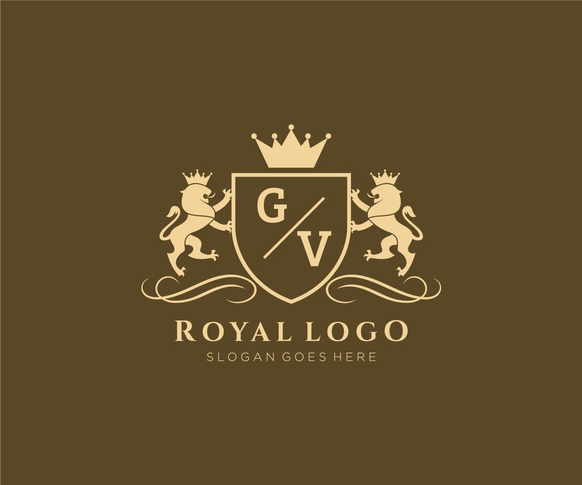 Initial GV Letter Lion Royal Luxury Heraldic,Crest Logo template in vector art for Restaurant, Royalty, Boutique, Cafe, Hotel, Heraldic, Jewelry, Fashion and other vector illustration.
