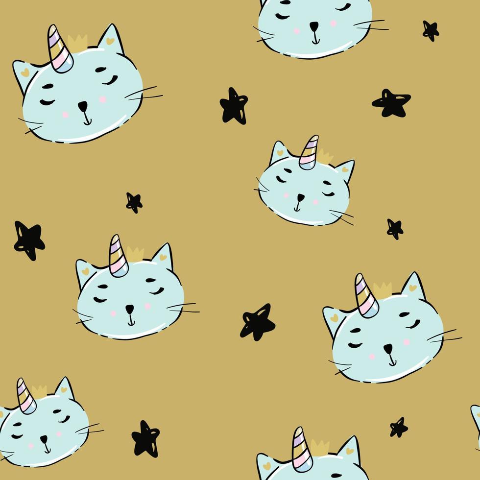 Cute Cat Caticorn or Kitten Unicorn vector seamless pattern. Kawaii Cat Unicorn with lollipop. Isolated vector illustration for kids design prints, posters, t-shirts, stickers,
