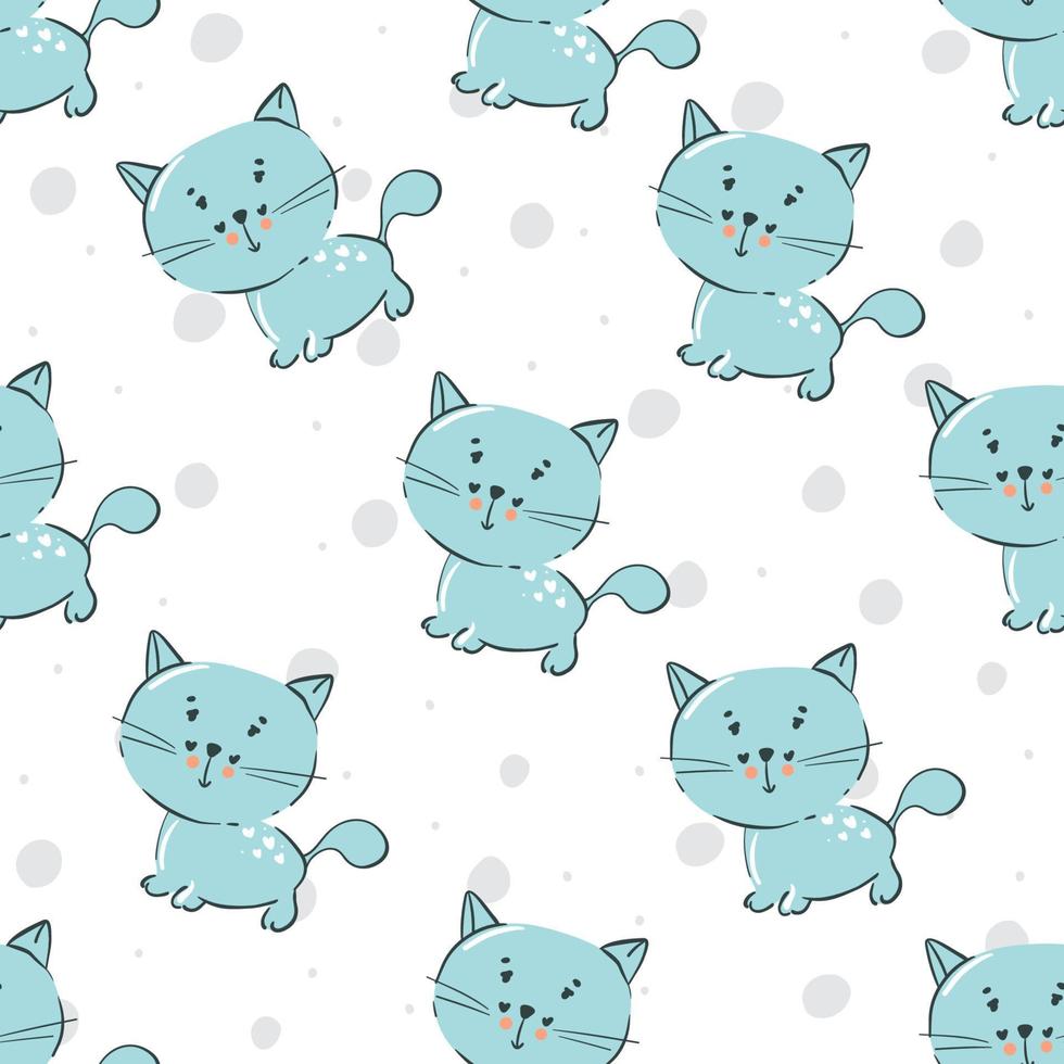 Cute Cats Seamless Pattern, Cartoon Animals Background, Vector Illustration