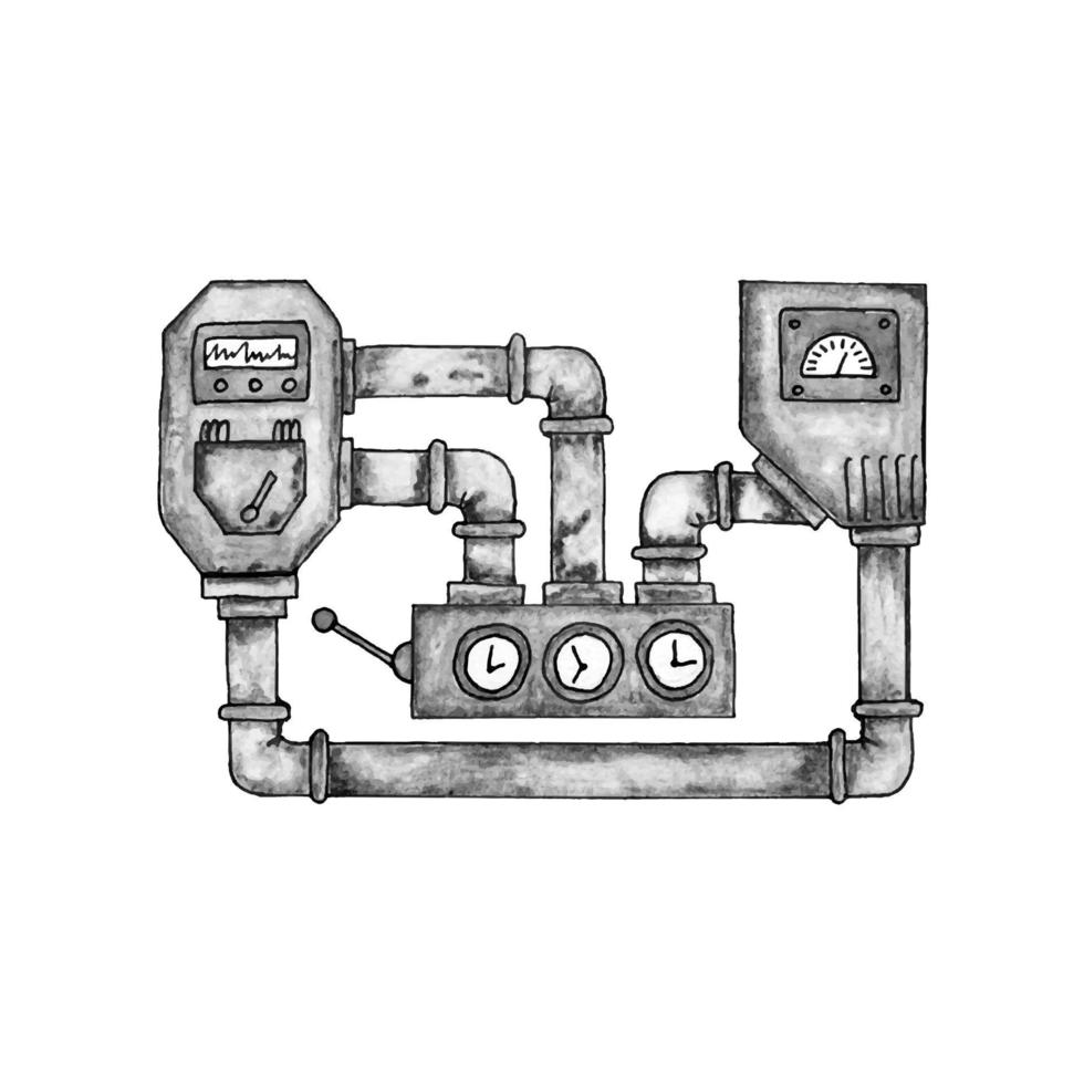 tubería oxidado antiguo sucio en Steampunk estilo, mano dibujado acuarela monocromo dibujo, Steampunk estilizado. vector