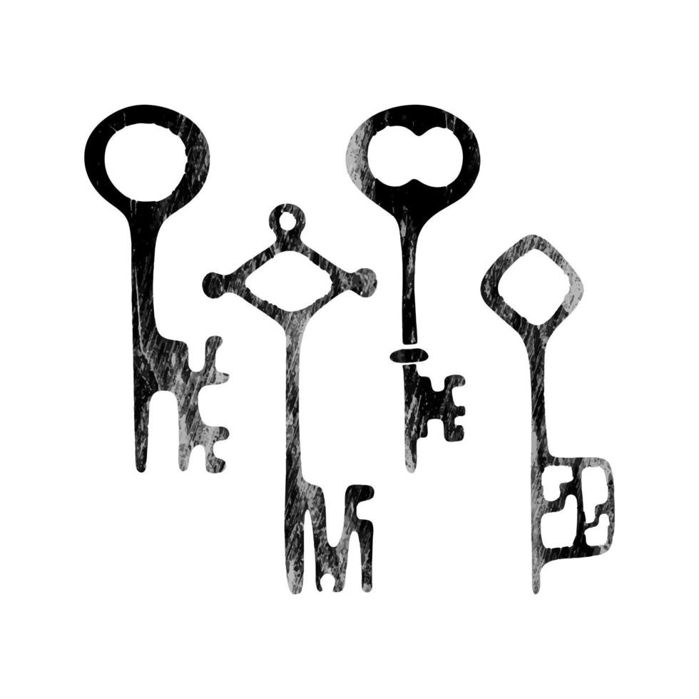 Key are old monochrome with scratches and scuffs, vintage, worn texture. vector