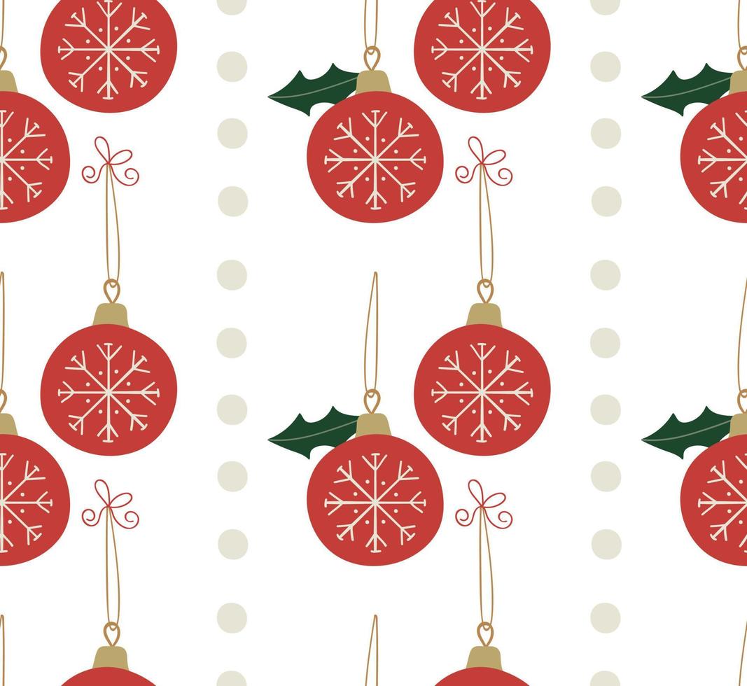 Bright winter holidays seamless pattern. Big red balls with snowflakes and holy leaf. vector