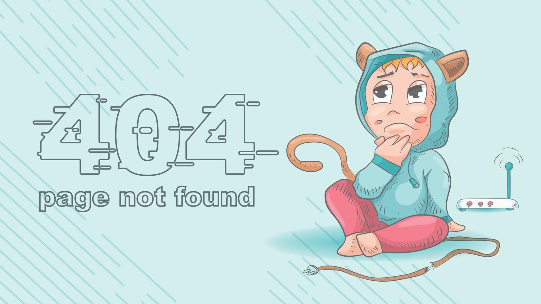 error 404 page not found funny little man Chibi sits thoughtfully next to a broken wire illustration for design design vector