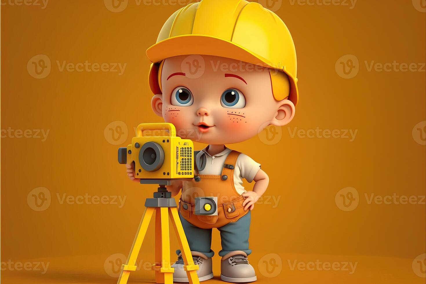 Cute young boy engineer standing on yellow background. 3D cartoon style. photo