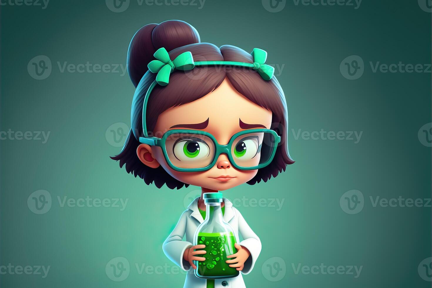 Cute young girl scientist holding a lab flask on green background. 3D cartoon style. photo