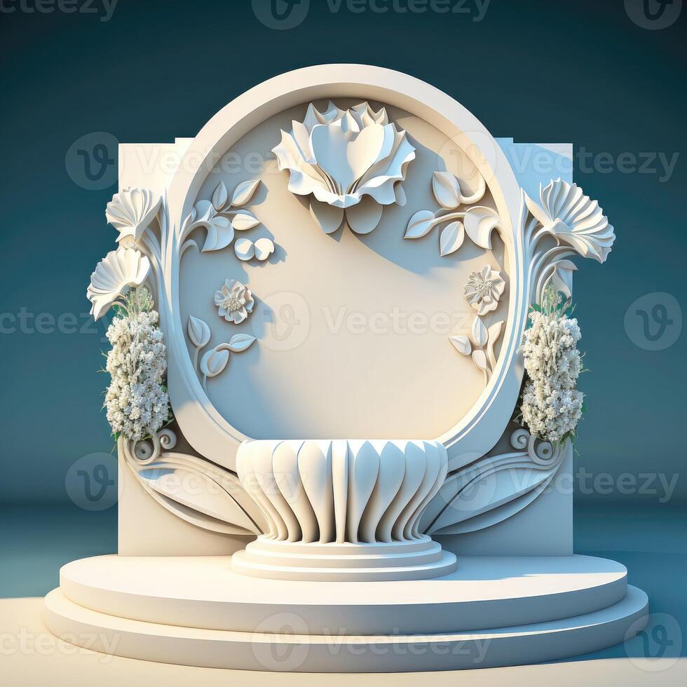 White rock podium and flower. Product stage, stucco pedestal with floral wall. Platform 3D front view. photo