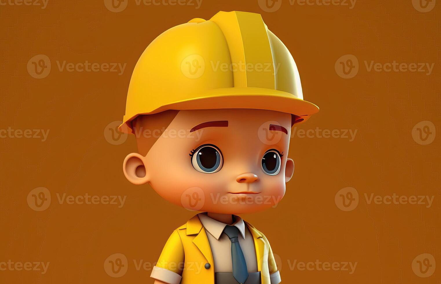 Cute young boy engineer standing on yellow background. 3D cartoon style. photo