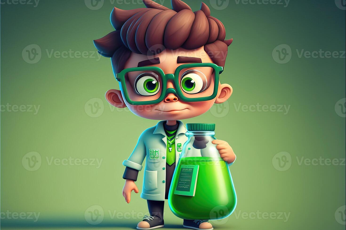 Cute young boy scientist holding a lab flask on green background. 3D cartoon style. photo