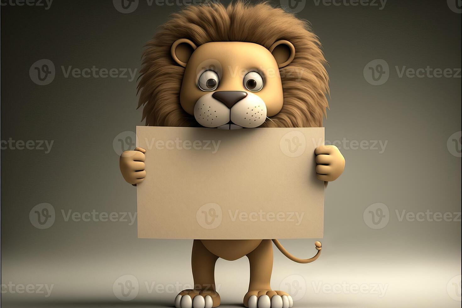 3D cute lion cartoon holding blank sign. 3D animal background. Suitable for banners, signs, logos, sales, discount, product promotions, etc photo