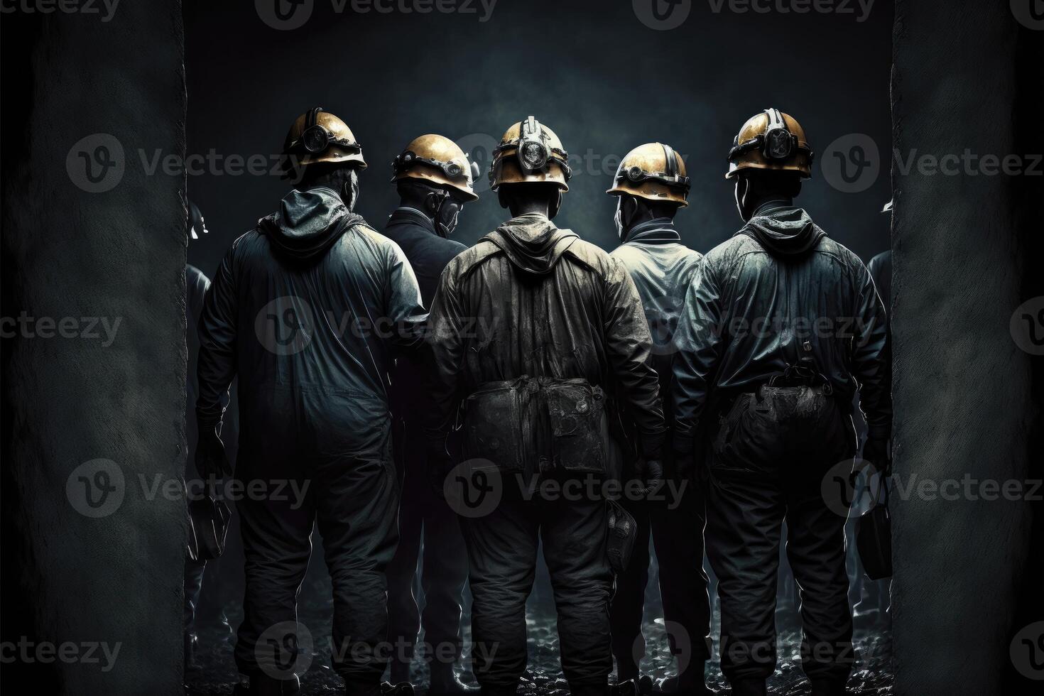 Group of miners wearing safety helmets standing in the mine photo