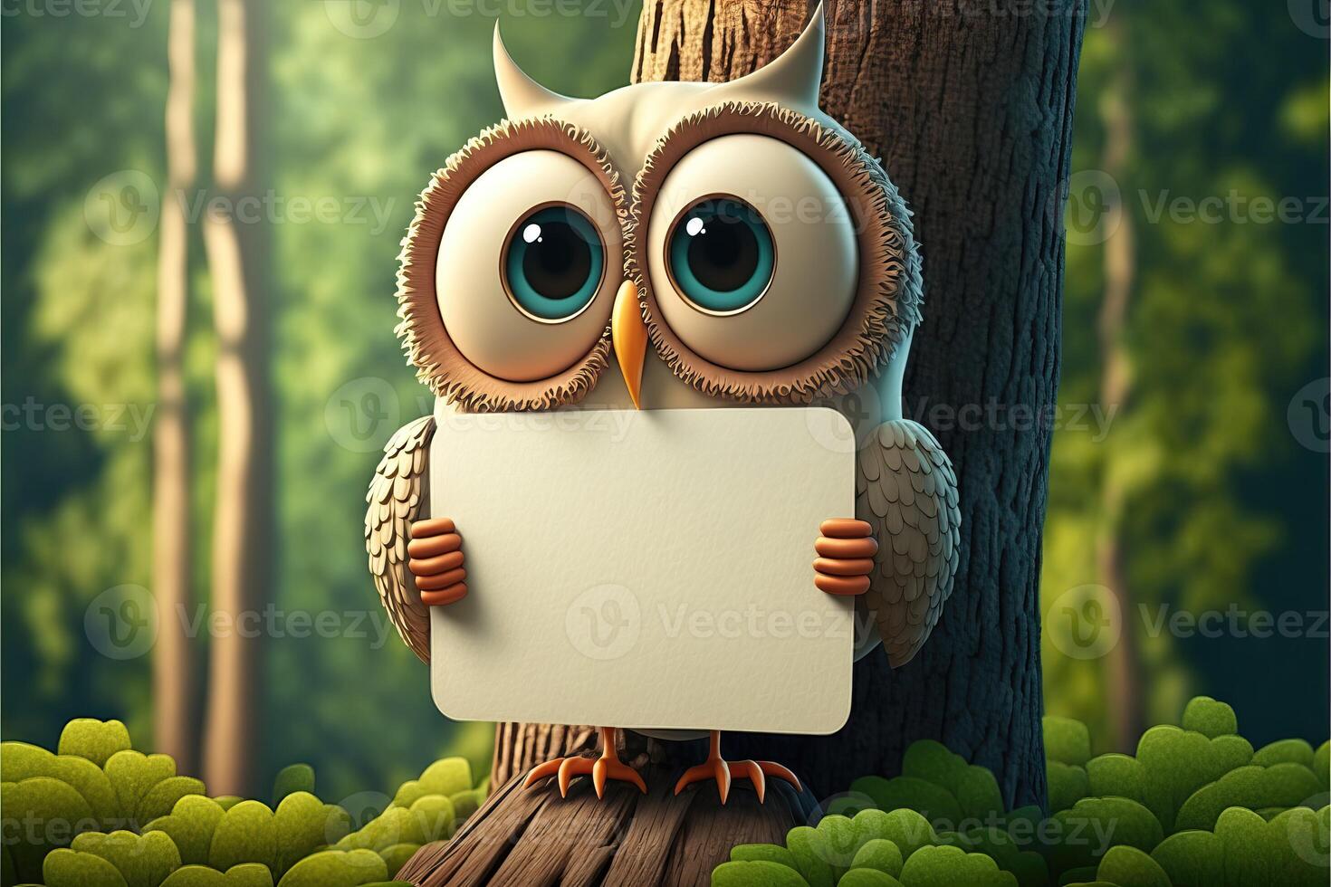 3D cute owl cartoon holding blank sign. 3D animal background. Suitable for banners, signs, logos, sales, discount, product promotions, etc. photo