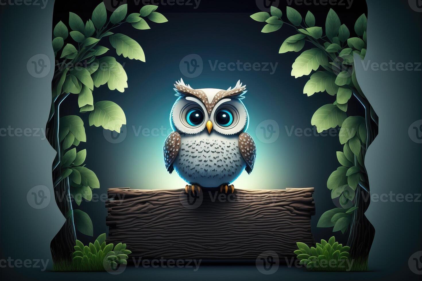 3D cute owl cartoon holding blank wooden sign. 3D animal background. Suitable for banners, signs, logos, sales, discount, product promotions, etc. photo