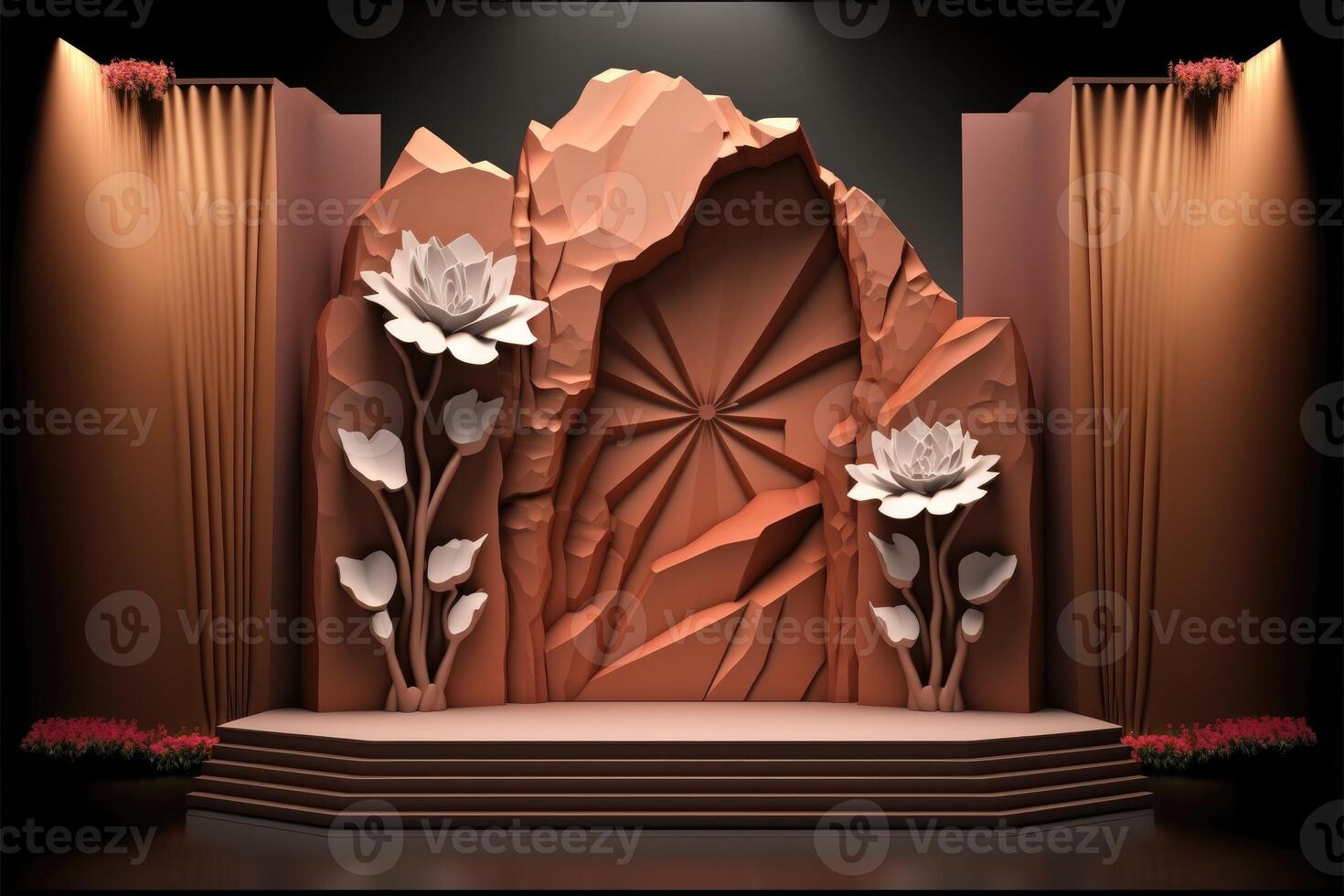 Red rock podium and flower. Product stage, stucco pedestal with floral wall. Platform 3D front view. photo