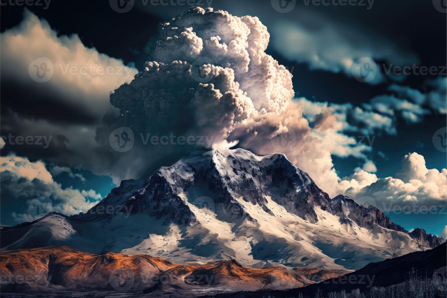 Snow capped peaks under thick clouds. photo