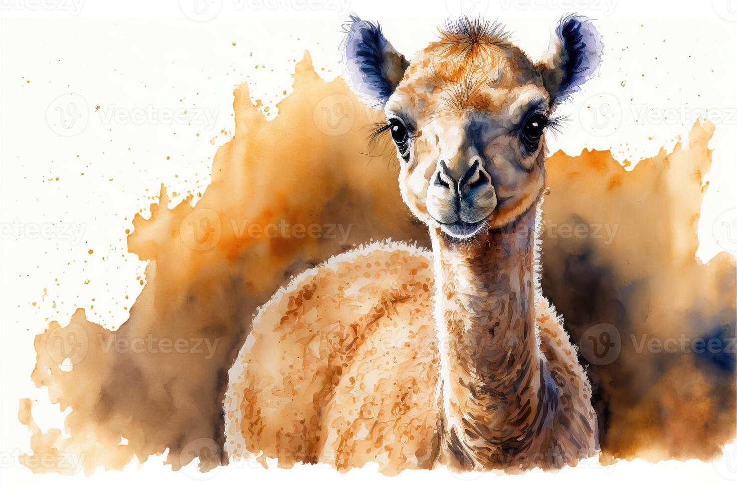 Cute baby camel in desert. Watercolor painting. photo