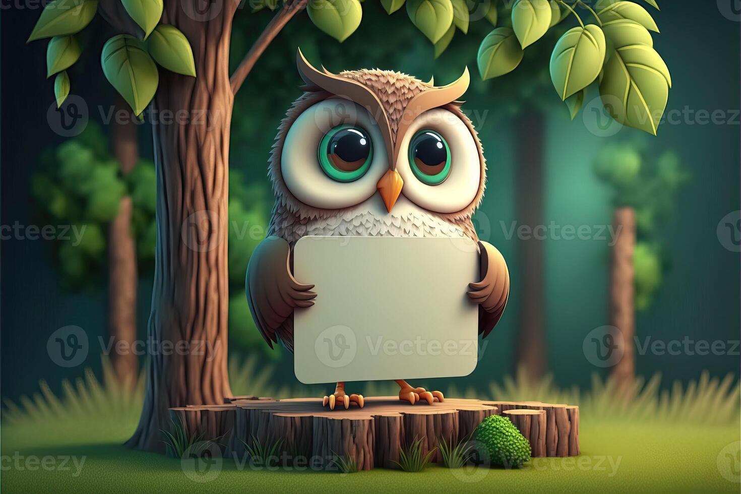 3D cute owl cartoon holding blank sign. 3D animal background. Suitable for banners, signs, logos, sales, discount, product promotions, etc. photo