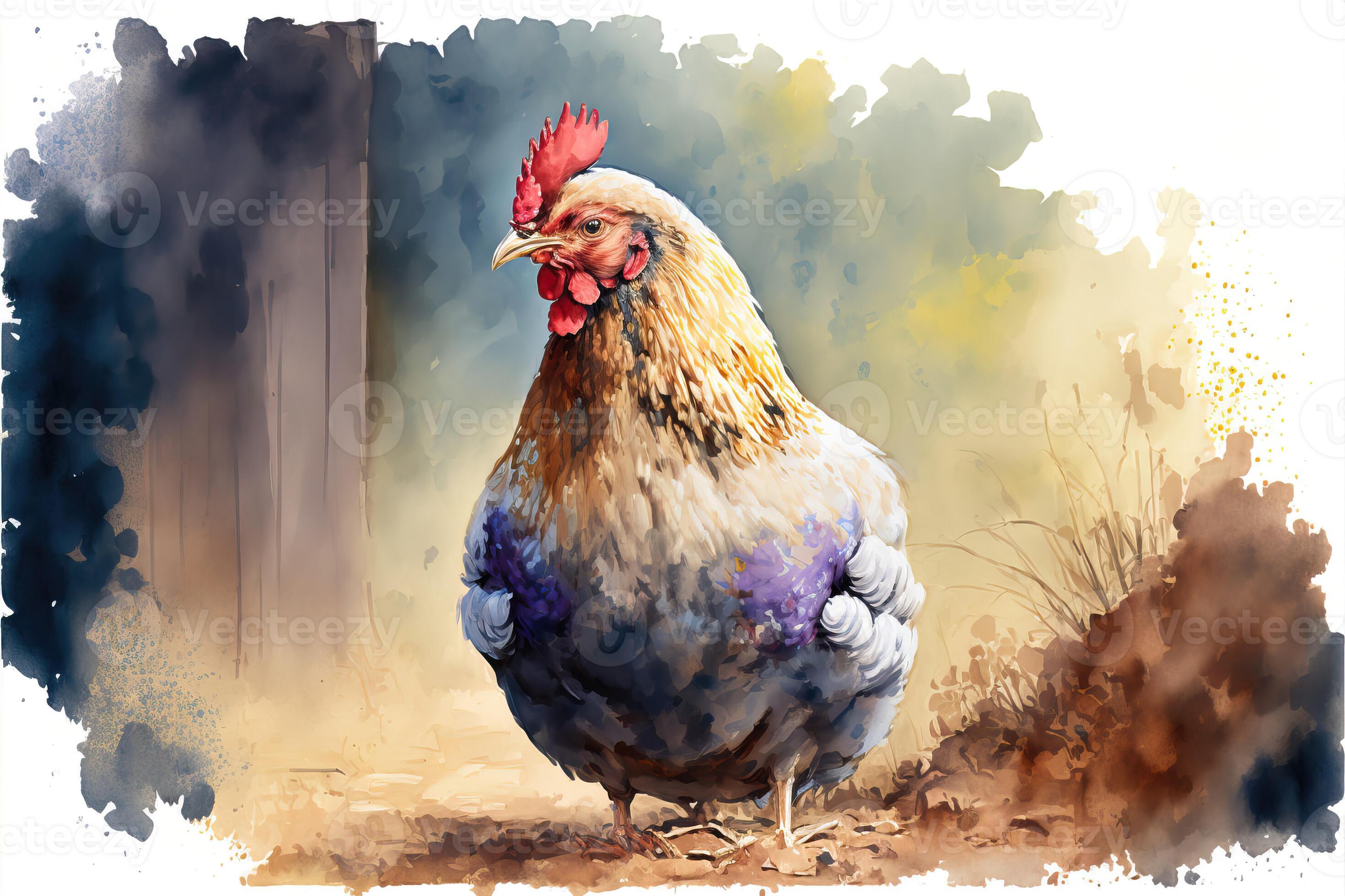 Hen in farm. Watercolor painting of cute chicken farm animals. 21844456