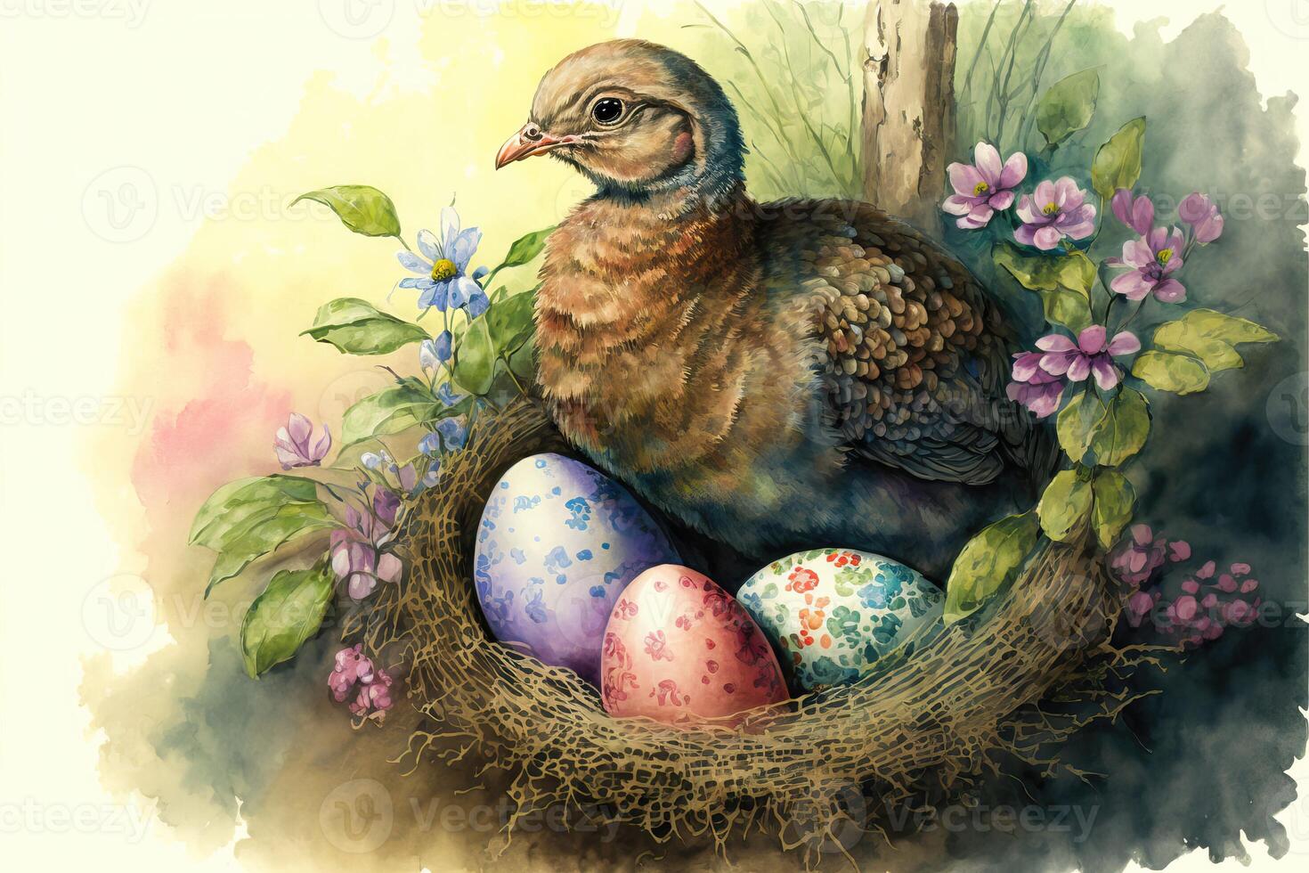 Mother turkey sits on the nest and easter eggs. Watercolor painting. photo