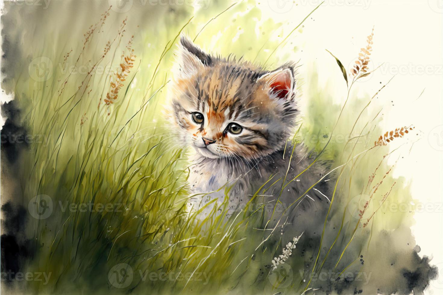 AI Generated Cute kitten is playing in grass. Watercolor painting ...