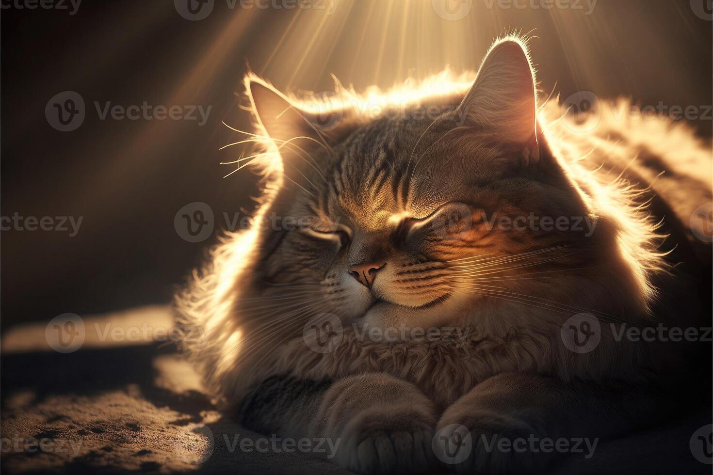 A cat sitting in a sunbeam with its eyes closed. photo