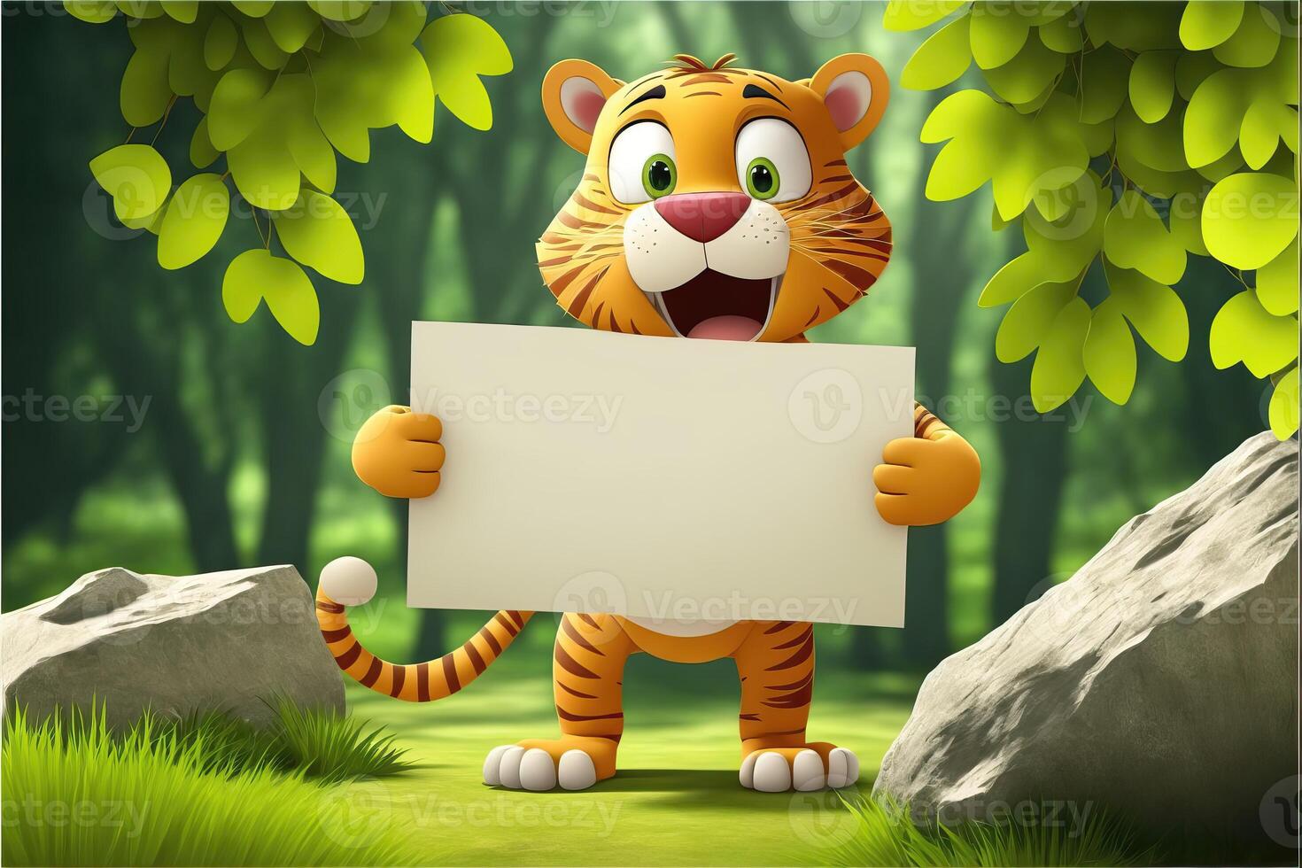 3D cute tiger cartoon holding blank sign. 3D animal background. Suitable for banners, signs, logos, sales, discount, product promotions, etc. photo