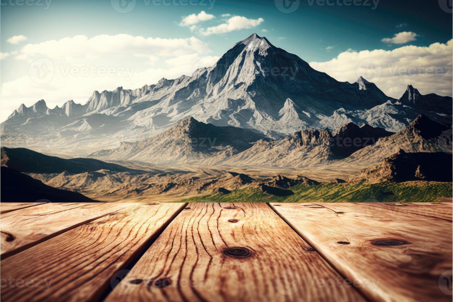 Wooden table background with landscape of mountains photo