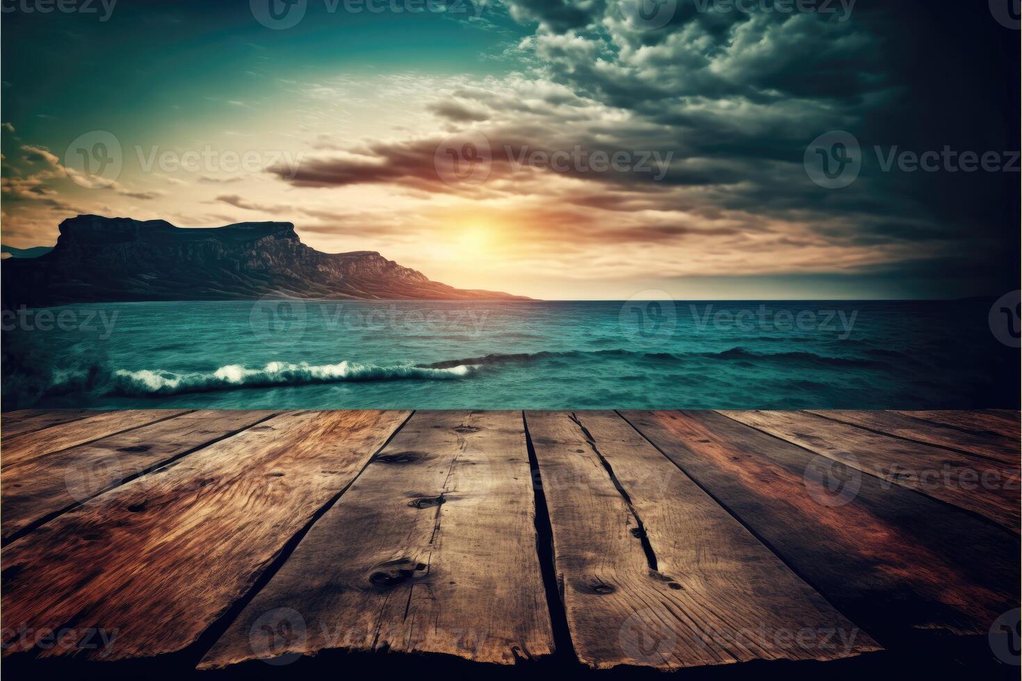 Wooden table background with landscape of sea. photo