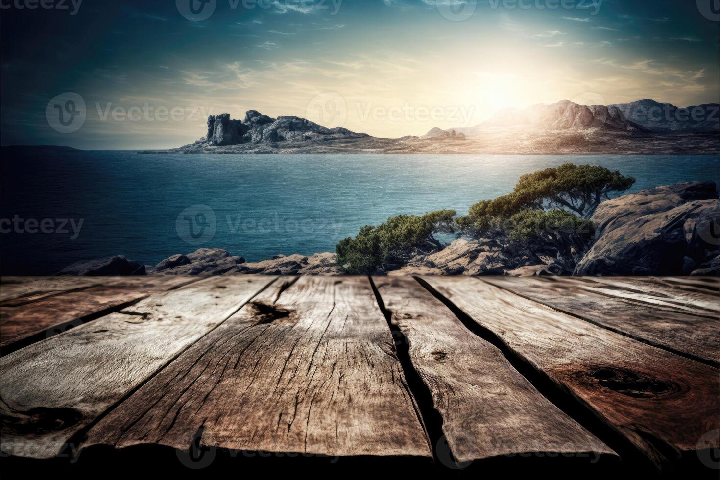 ai generado de madera mesa antecedentes con paisaje de mar. foto