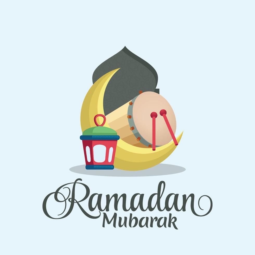 Ramadan Mubarak with Islamic ornaments consisting of lantern, crescent, drum and mosque. vector