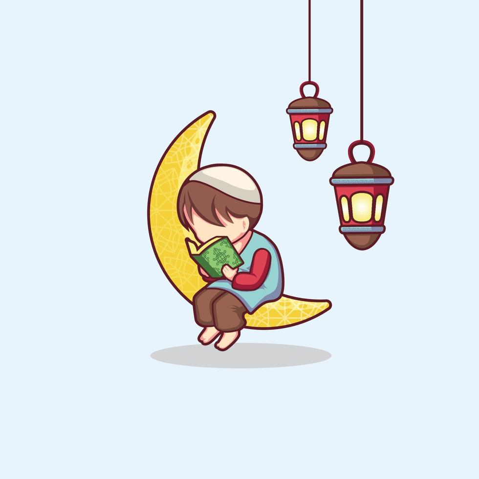 vector graphics of a child sitting on a crescent moon reading the Koran. It can be used in Islamic holidays, ramadan, eid, etc.