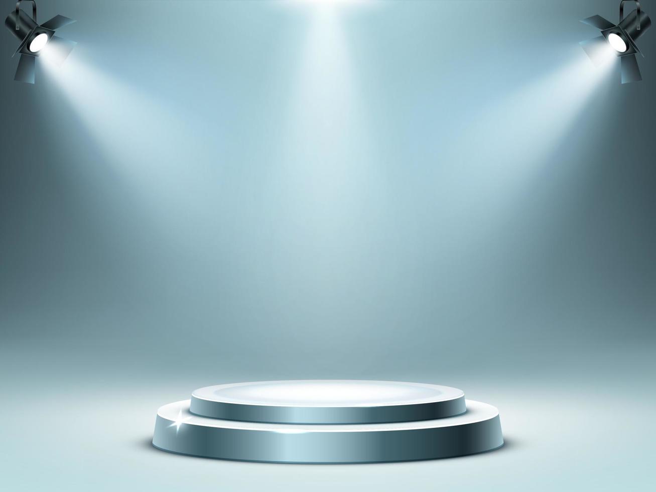 Round podium stage in spotlights rays, realistic vector