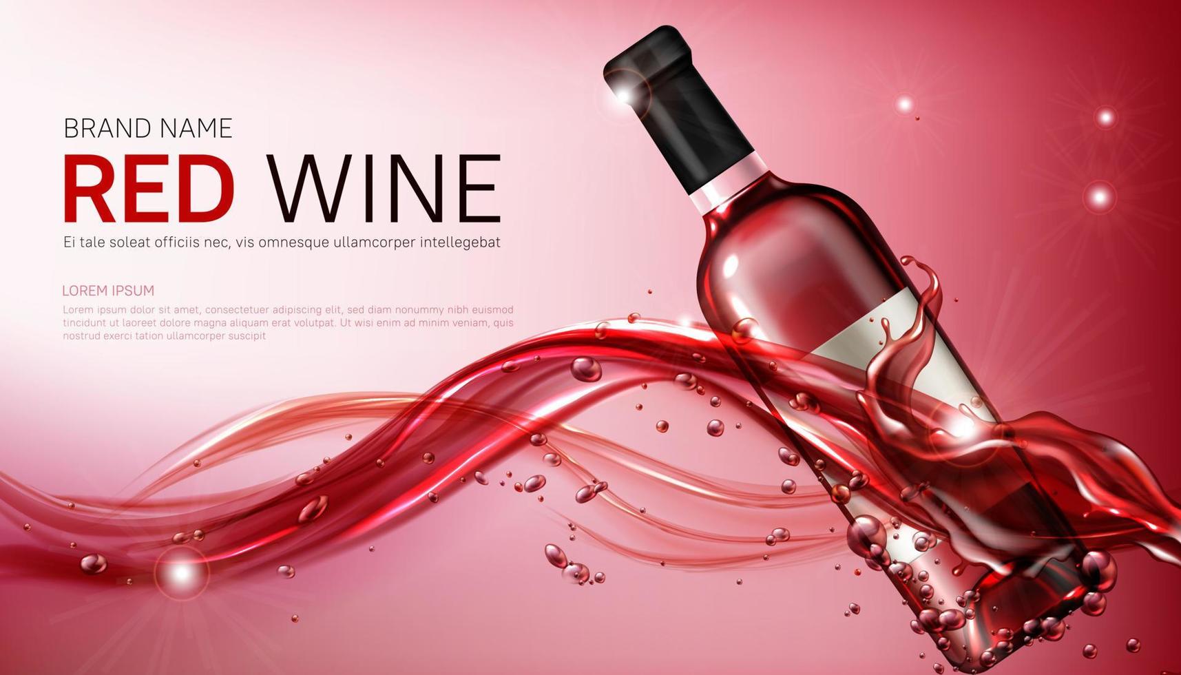 Wine glass bottles in flowing red liquid realistic vector