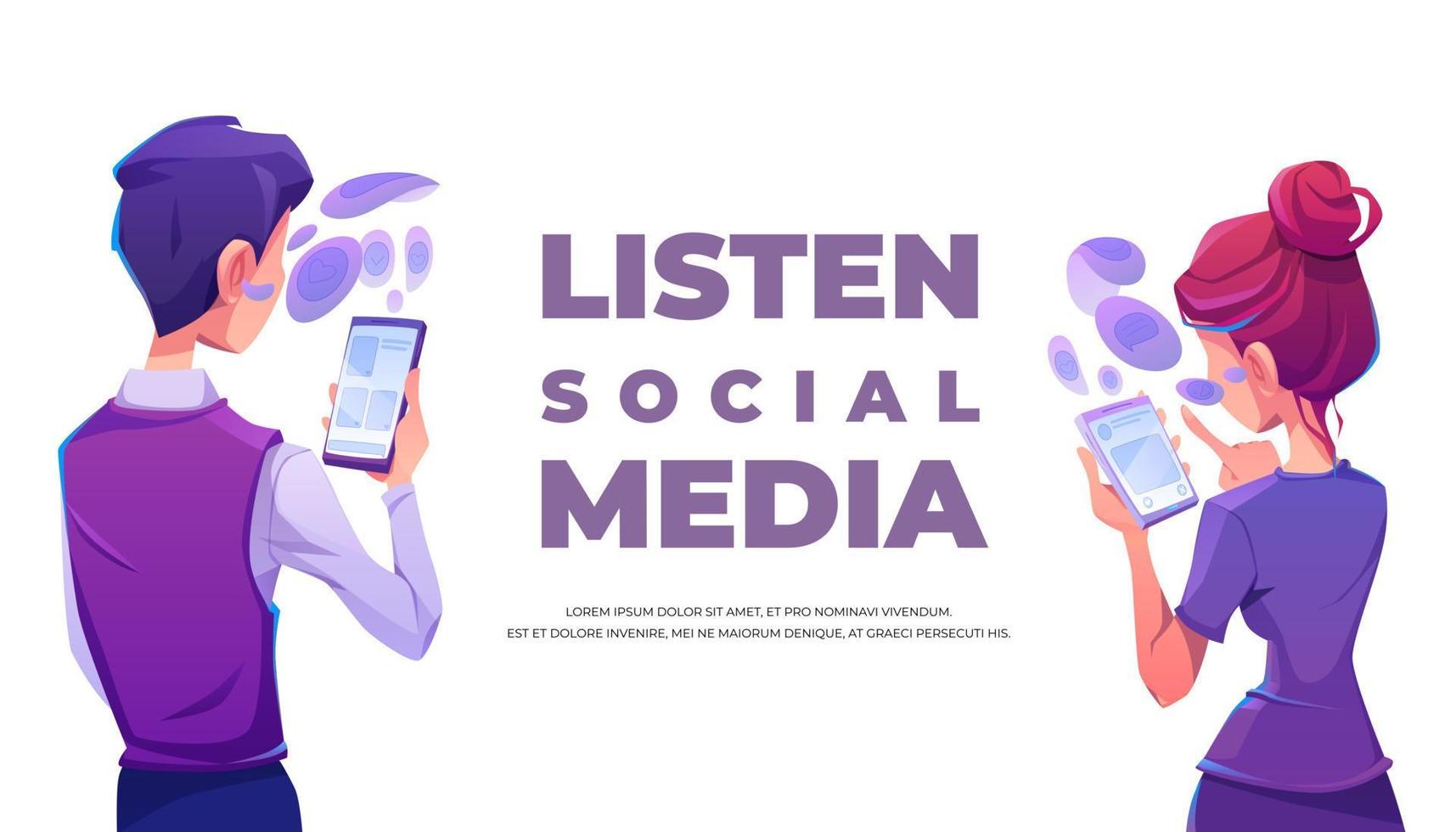 People listen social media using smartphone banner vector