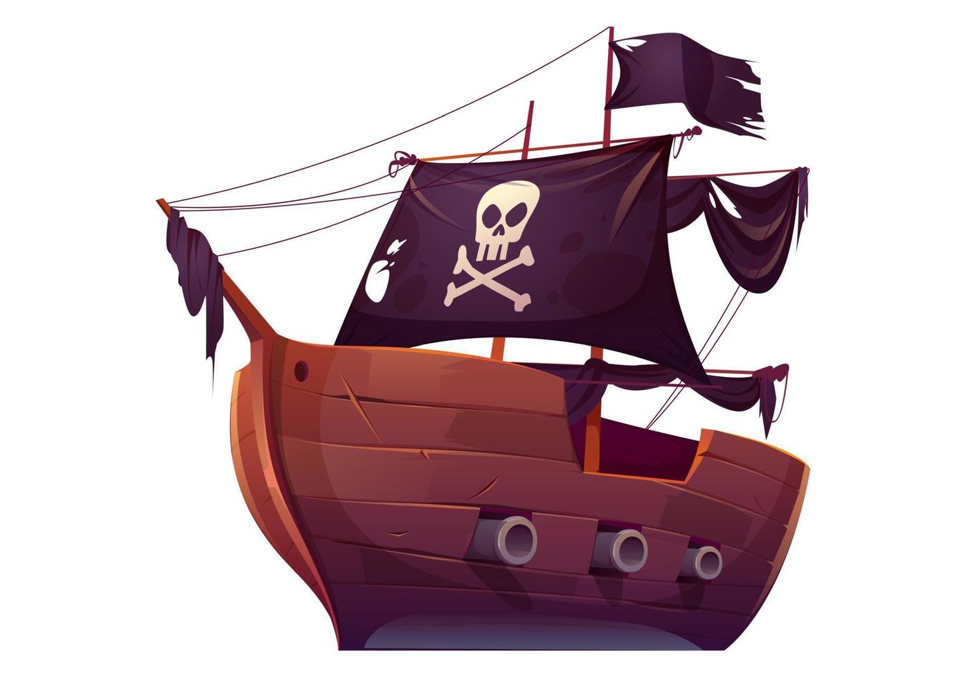 Vector wooden pirate boat with black sails