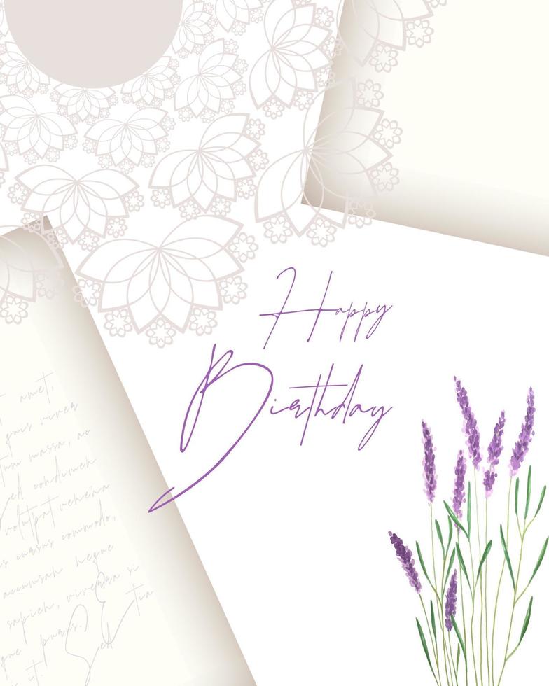 Happy Birthday card vintage collage with lavender and old text and lace. vector