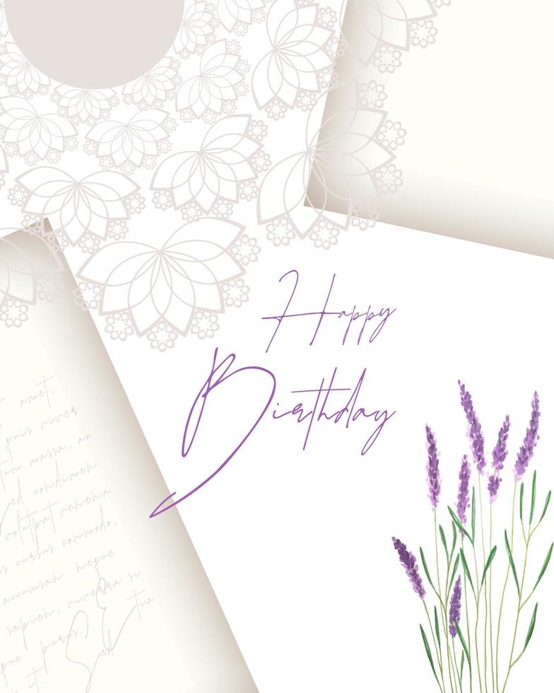 contento cumpleaños tarjeta Clásico collage con lavanda y antiguo texto y cordón. vector