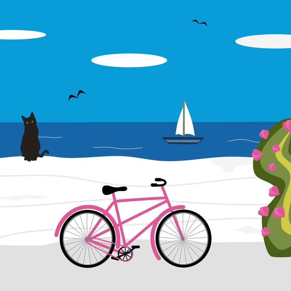 cute cartoon sunny day greek landscape scene with black cat, bicycle and sea vector illustration