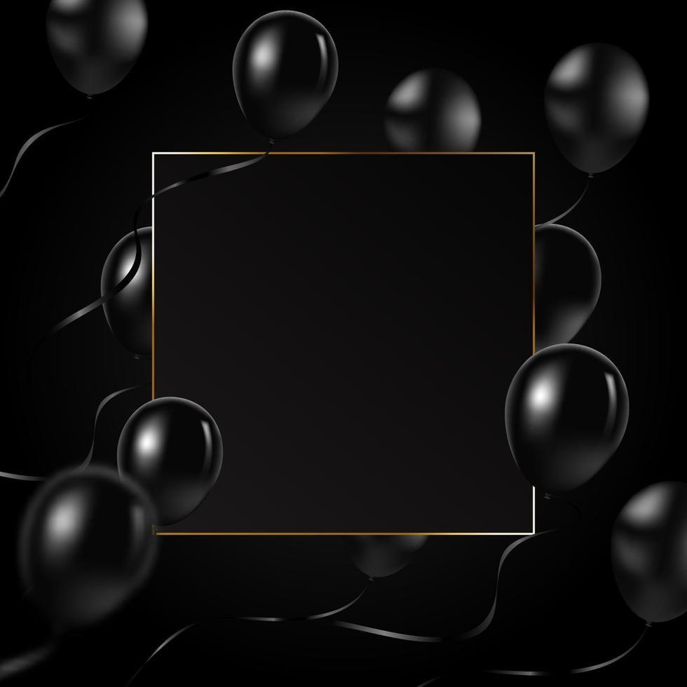 hermosos globos negros vectoriales volando aleatoriamente sobre un marco dorado. fondo de vector elegante de fiesta con espacio para texto. marco dorado vectorial, confeti, globos. viernes negro, celebración