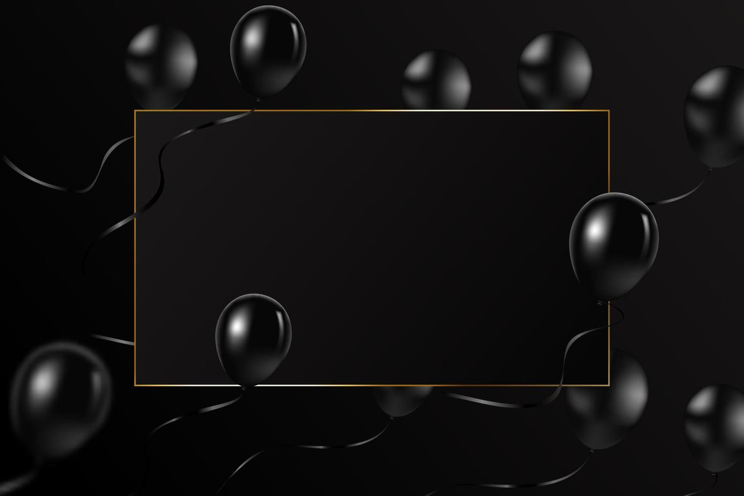 Flying balloons, black frame with luxury golden line on black background. Black Friday promotion, grand opening. Banner and background, brochure and flyer design concept. Vector. vector