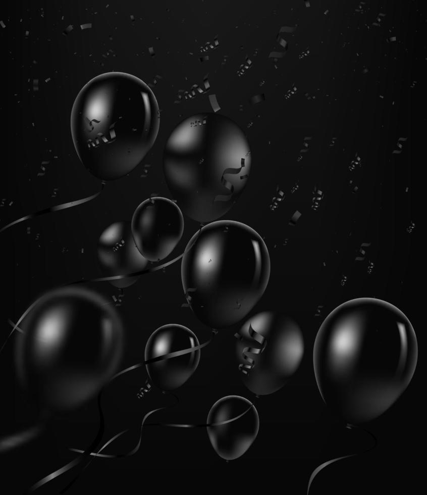 Vector festive illustration of flying realistic glossy balloons. Black and white balloon bunch with golden confetti glitters. Decoration element for holiday event invitation design