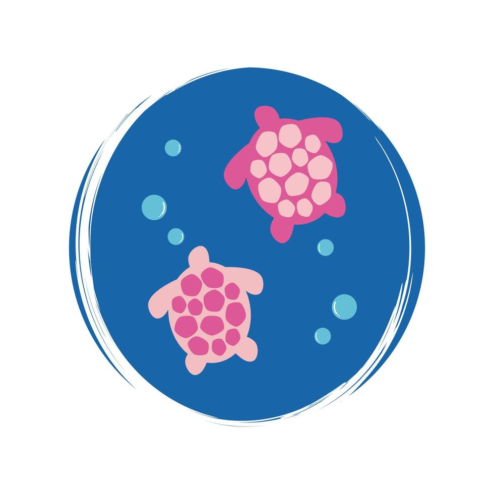 Cute logo or icon vector with pink turtles, illustration on circle with brush texture, for social media story and highlight